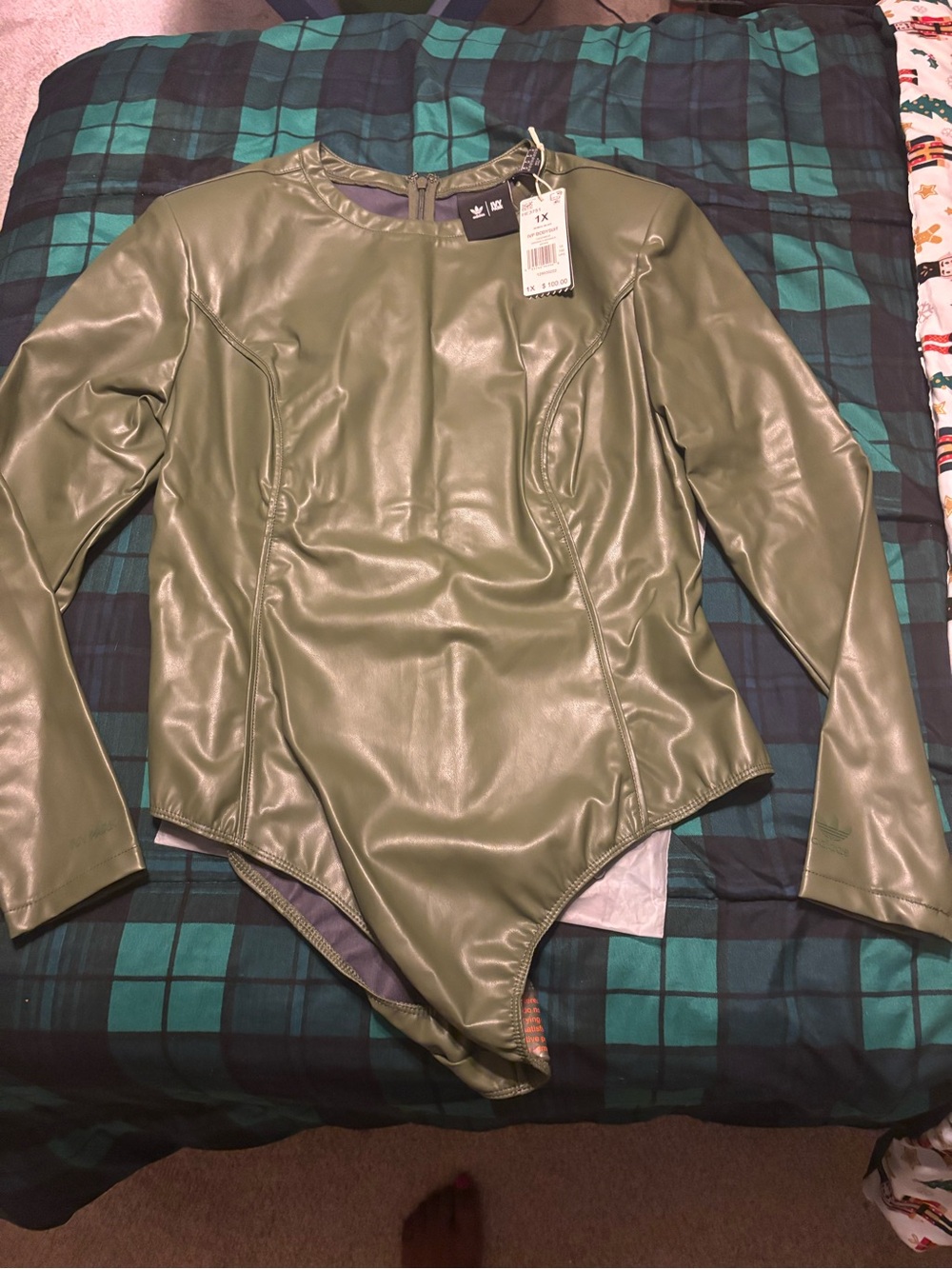 Adidas Ivy Park Olive Green Faux Leather One-Piece Bodysuit - 1X NWT